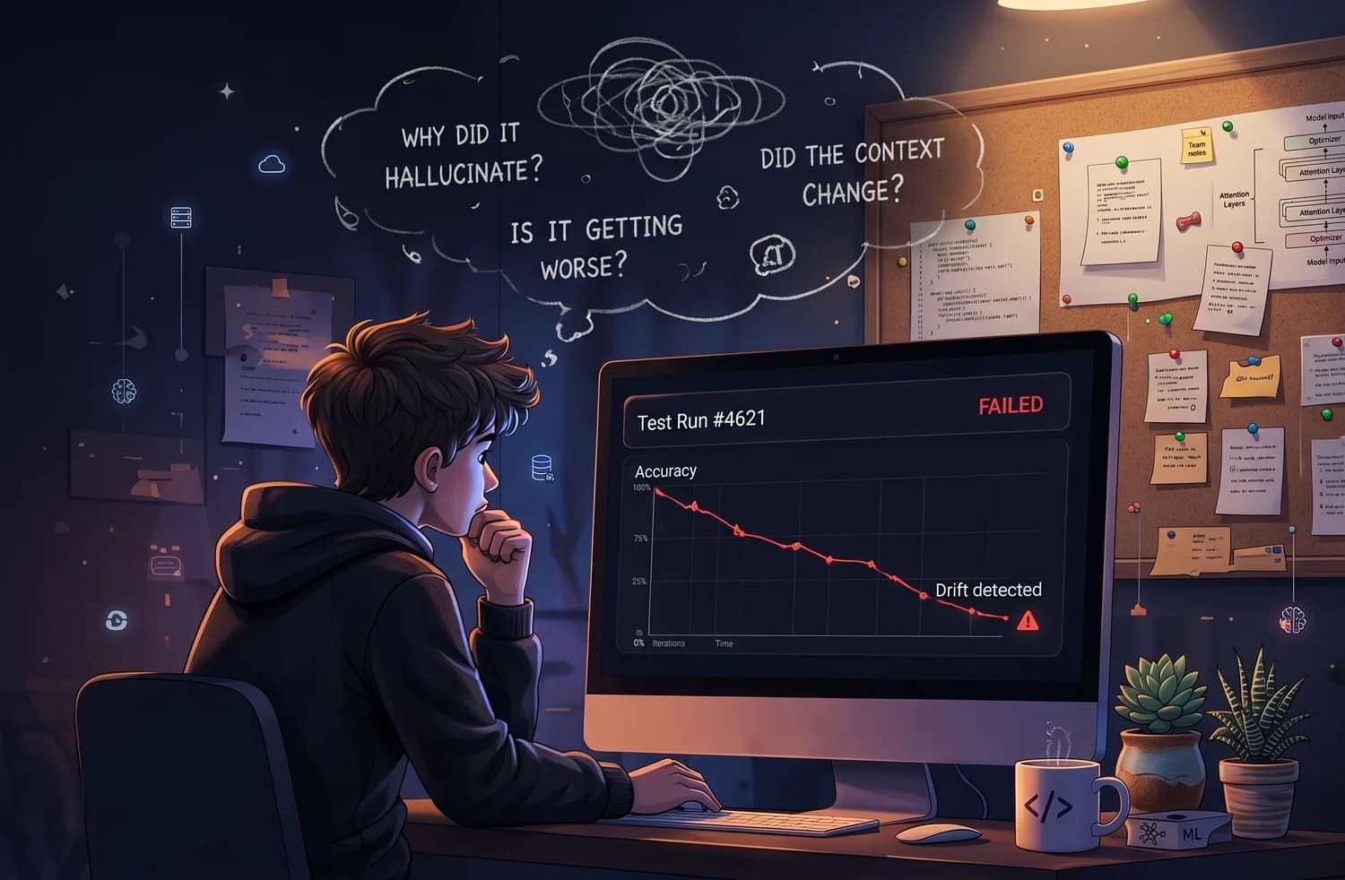 Developer watching an AI evaluation run fail: why did it hallucinate, did the context change, is it getting worse?